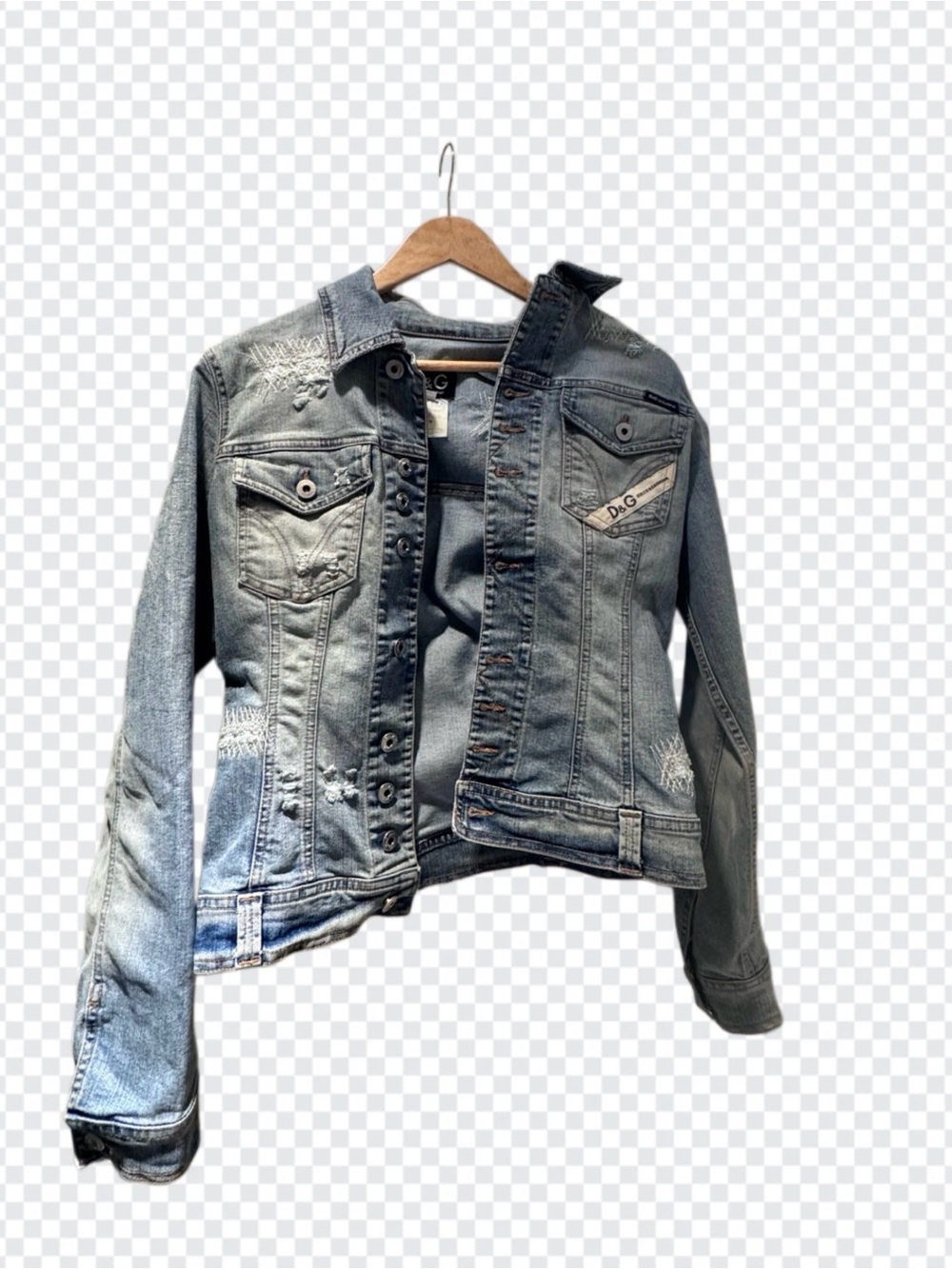 D&G Women's Faded Light Blue Distressed Denim Jacket